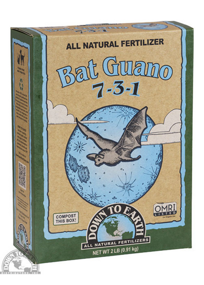Down to Earth Bat Guano 7-3-1 Fertilizer - 2 lb Box -illustrated with gray bat backlit by full moon